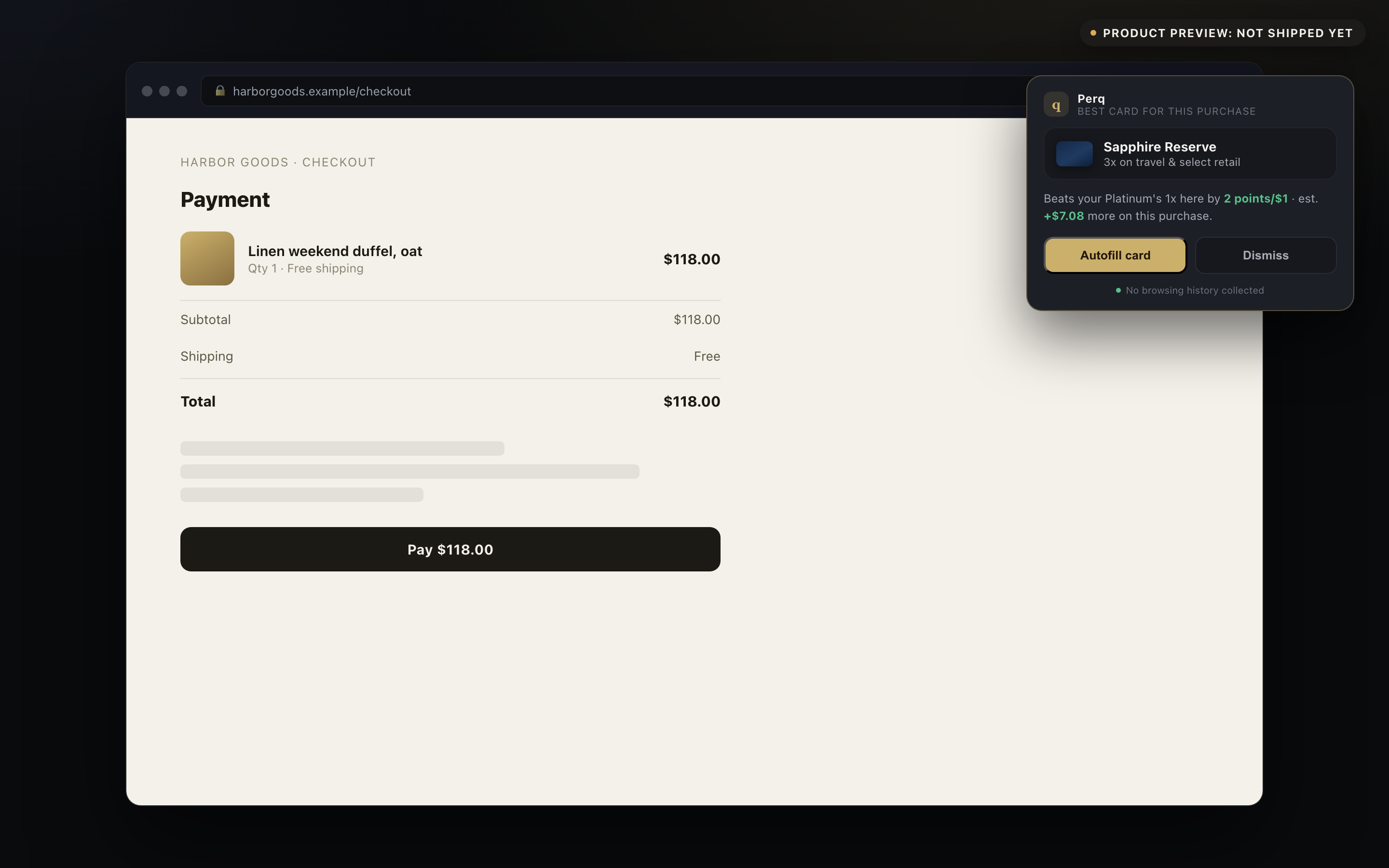 Best card at checkout: a popup recommending Sapphire Reserve over Platinum, worth $7.08 more on this purchase, labeled Product preview: not shipped yet